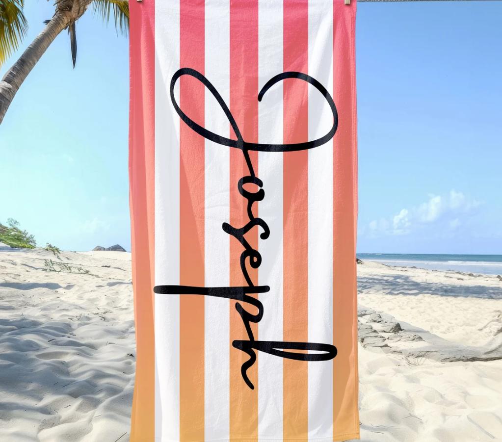 Stripe Name Beach Towel, Personalized Monogram Pool Towel, Signature Beach Towel For Kids, Vacation Gift, Picnic Towel