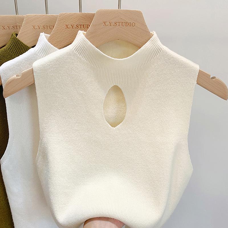 Fashion Half Turtleneck Hollow Out Knitted Tank Top Summer Women Casual Solid Color Sleeveless Vest