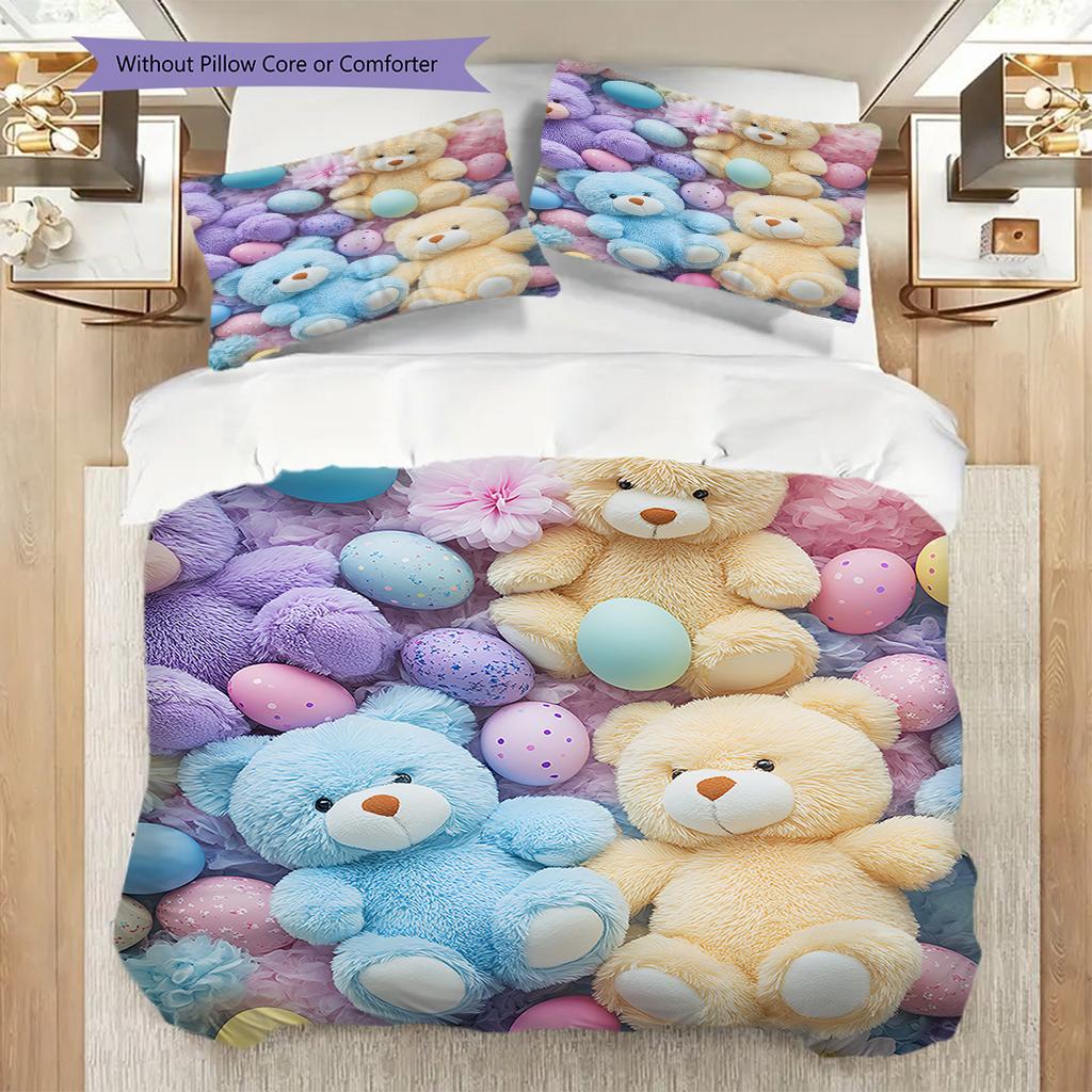 Teddy Bear Pattern Bedding Quilt Set Quilt Cover Pillowcase Home Decoration Birthday Gift (1 * duvet cover + 2 * pillowcase, without core)