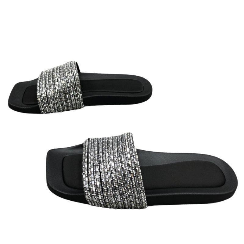 Summer New Women's Shoes Open-toed Flat-bottomed Rhinestone Strips Wear One-word Drag Simple Cool Slippers Women
