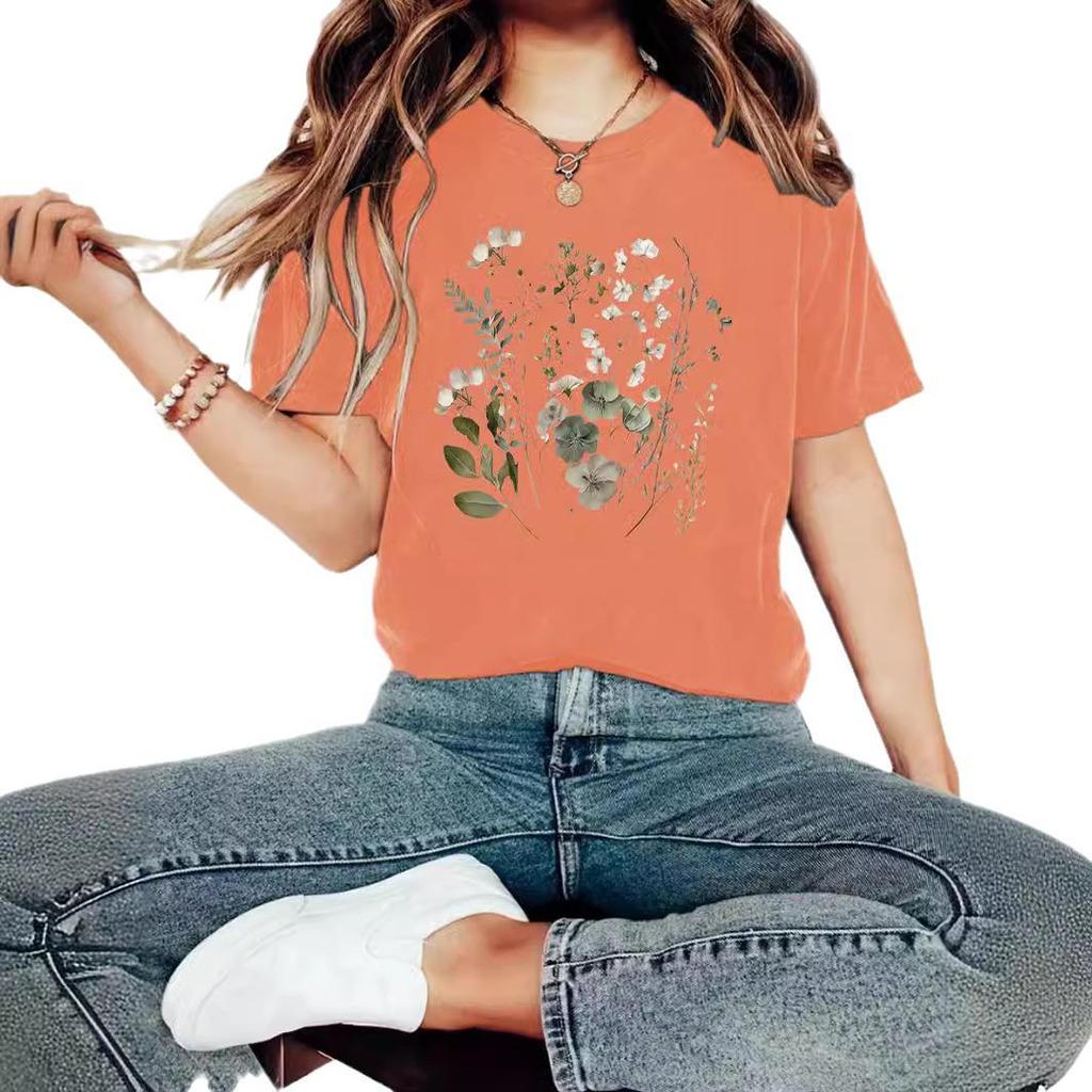 Damen Sommer T-Shirt mit Blumenmuster, Rundhalsausschnitt, kurzen Ärmeln