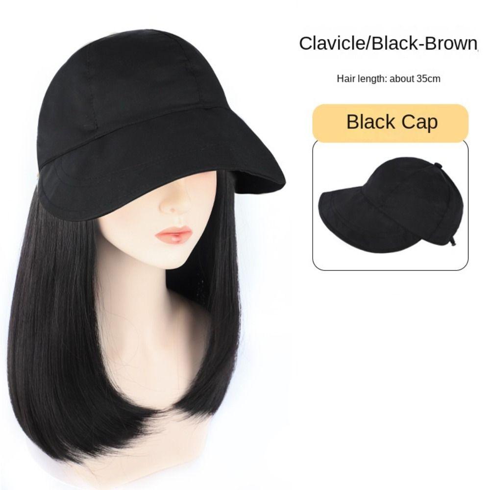 Wide Brim Fisherman Hat with Wig Sunscreen Short Straight Hair Casual Women Sun Cap Wig  Outdoor