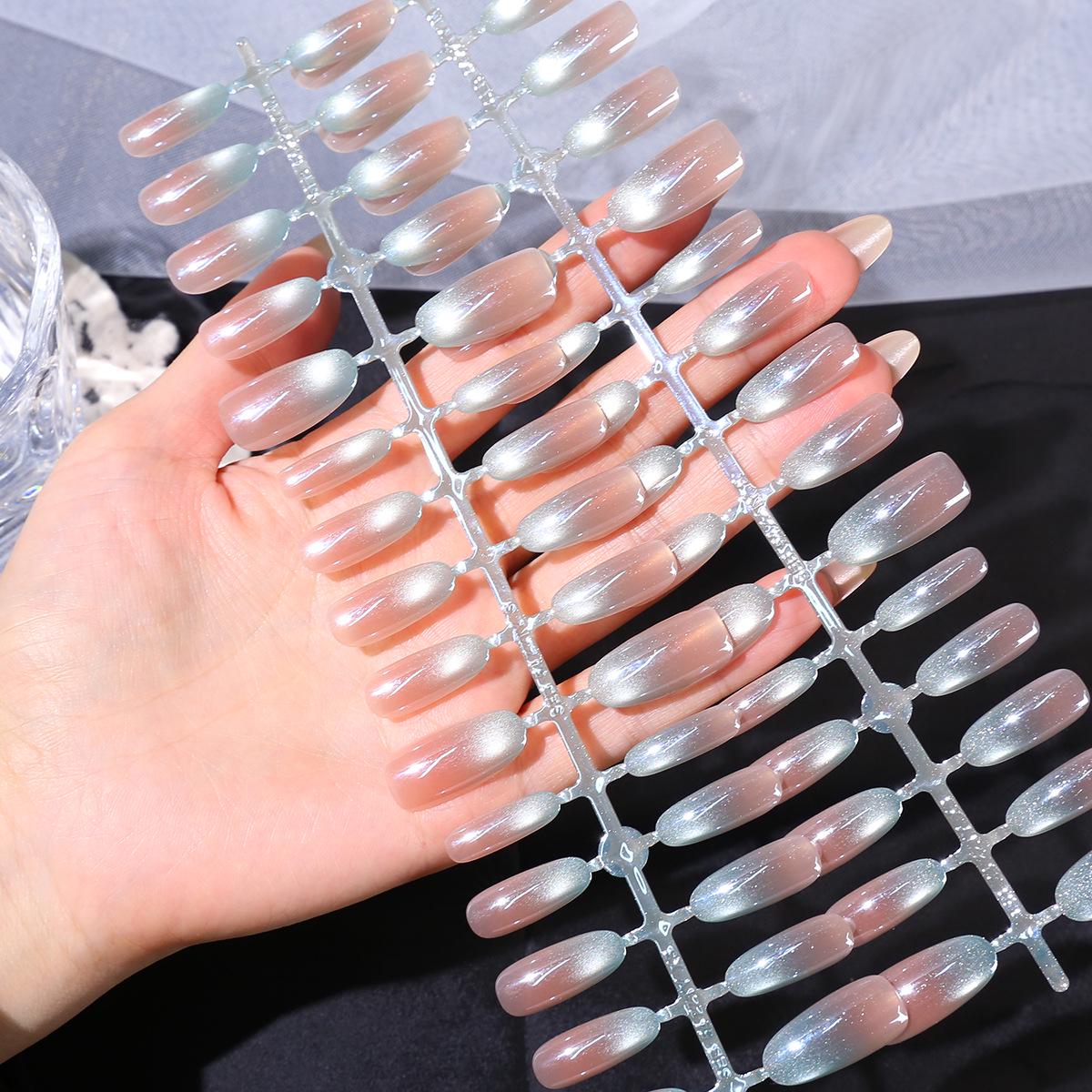 30-Piece Cat Eye Nail Powder Mist Set: Ice Blue Gradient, Medium Oval Stickers, French All-Match Tips.