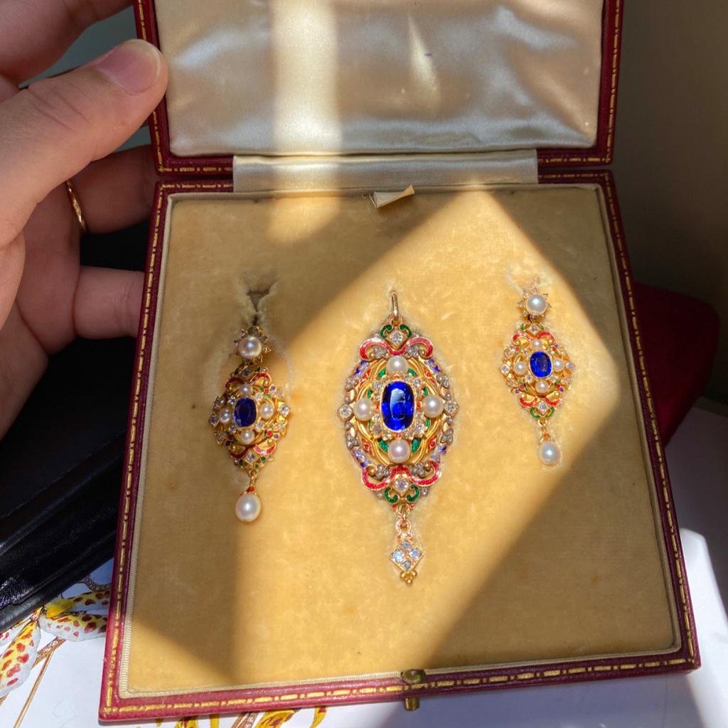 Art Jewelry Style Pearl Pendant Long Earrings Sapphire Enamel Antique Suit Women