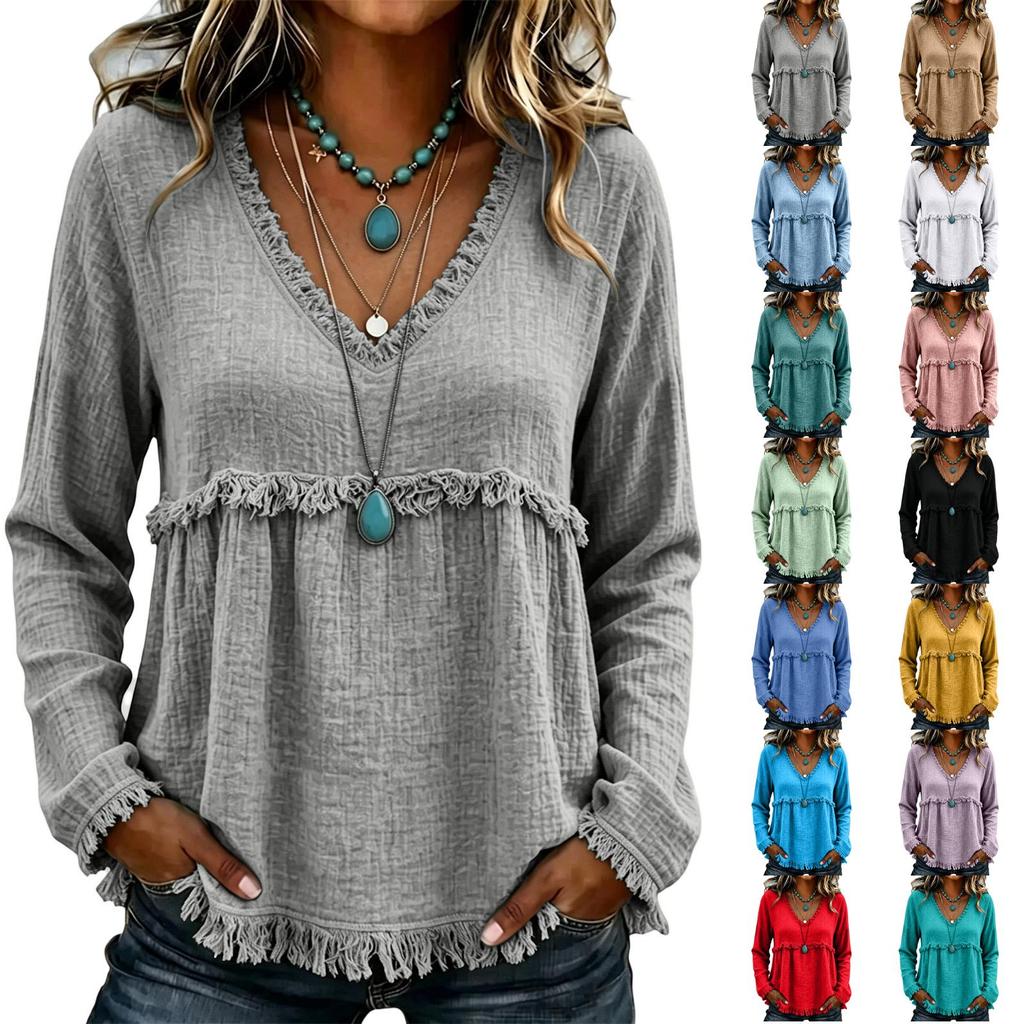 Women's V-Neck Long Sleeve Cotton Linen Casual Color Top