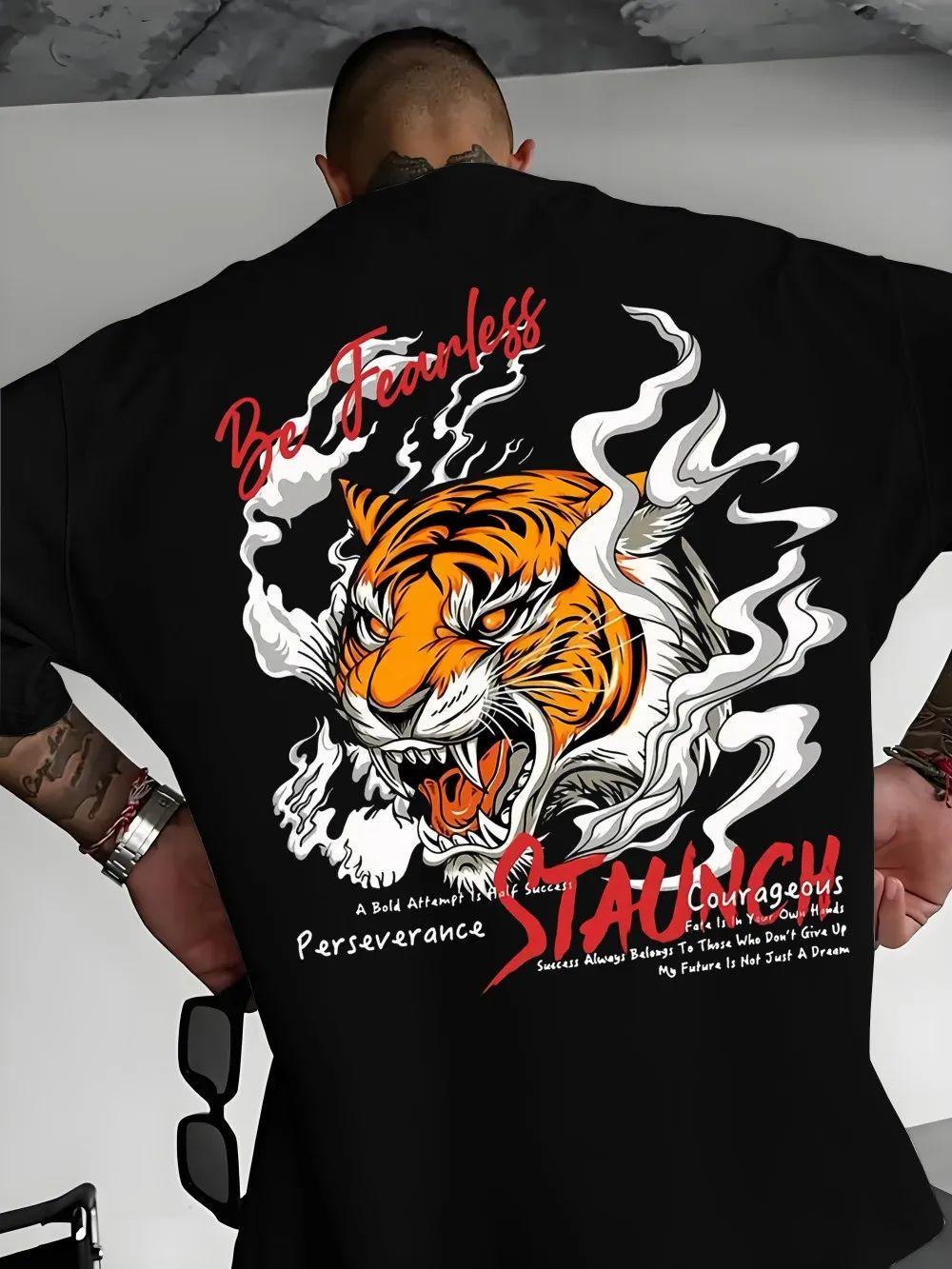 

Vintage Fashion T-Shirt Angry Tiger Pattern Micro Elastic Round Neck Print T-shirt Outdoor Street Tops Casual Loose Tees Unisex 5XL різнокольоровий