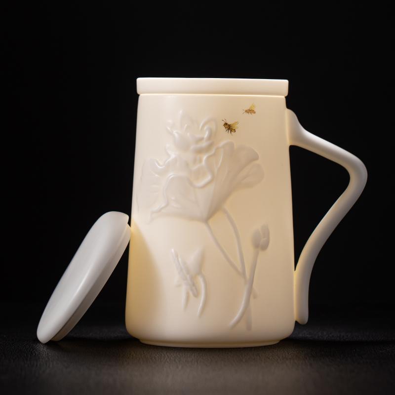 Mug with Lid Large Capacity Letter Creative Ceramic Water Cup Tea Cup Office Cup Customized Mutton Fat Jade Overglazed Color