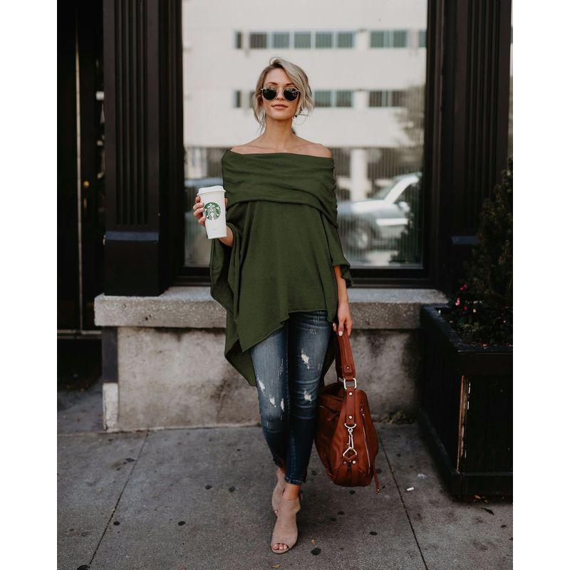 

Весенняя, осенняя и зимняя мода Европейский и американский стиль Сексуальный с открытыми плечами Свободный Большого размера Асимметричный подол Накидка Топы Футболка для женщин Army Green XL