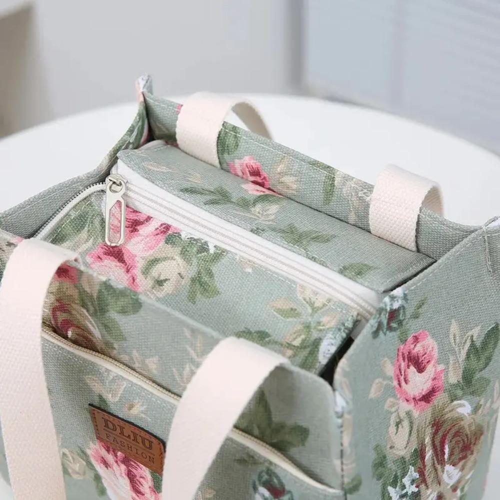 Zippered Floral Print Lunch Bag Insulated Tote Bag Food Storage Bag Thermal Picnic Bag Women