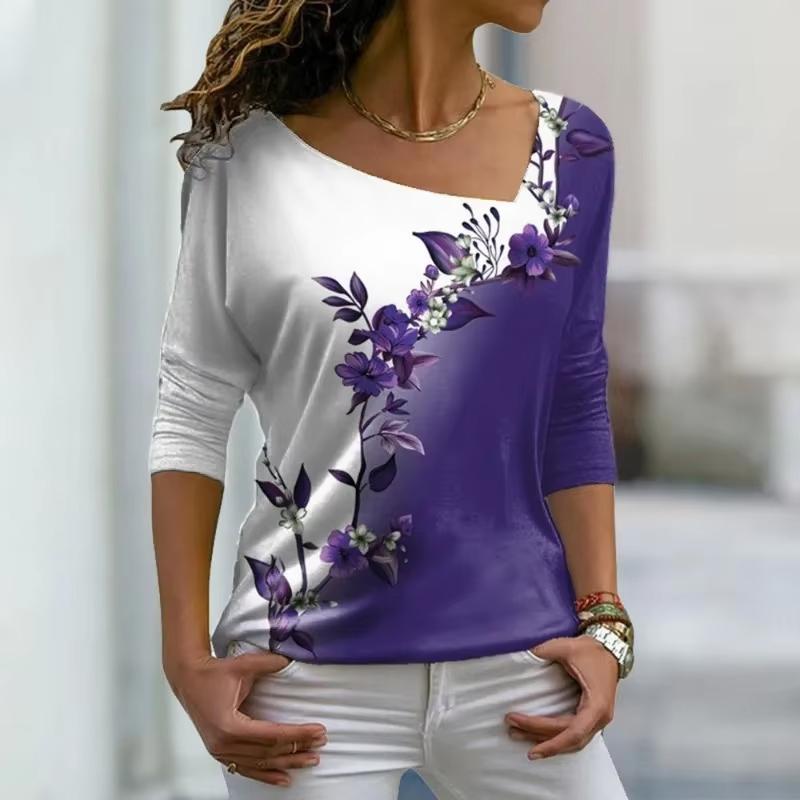 2025 Summer Flower Print Long Sleeve T-shirt Fashion Spring Skew Collar Casual Tees Elegant Office Ladies Women's Clothing 30577
