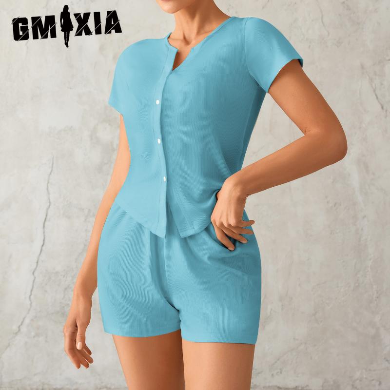 

GMXIA Женская пижама Повседневная мода Простой кардиган Короткий рукав Шорты Комплект из двух предметов XL синий