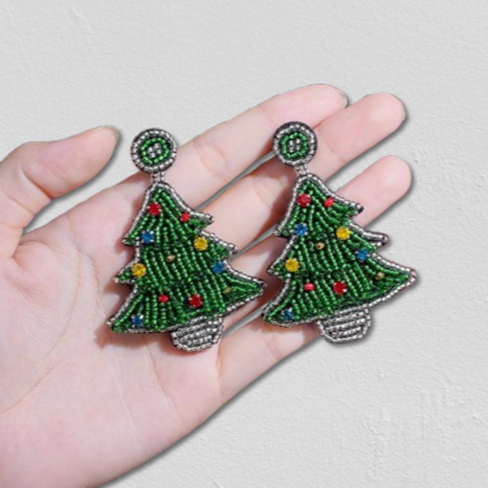 Green Handmade Beaded Ear Drop Bright Rhinestone Christmas Tree Stud Earrings  Girls