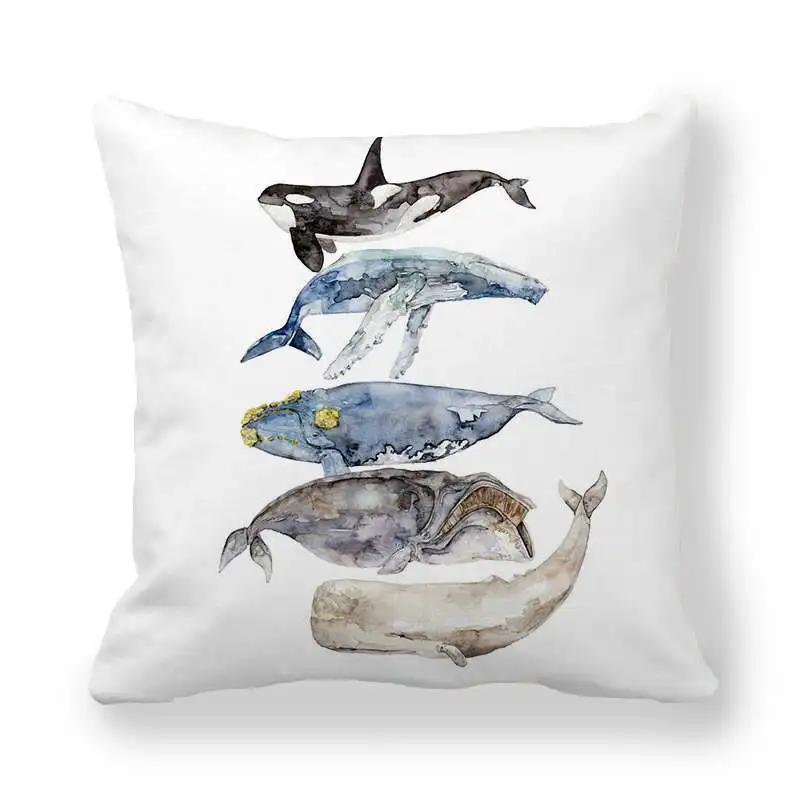 Watercolor Whale Polyester Throw Pillow Cover Sofa Bedside Cushion Pillowcase Ocean Blue Sea Fish Decorative Pillowcases 45X45Cm