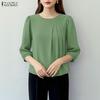 Women Casual Round Neck Solid Color 3/4 Sleeve Blouse