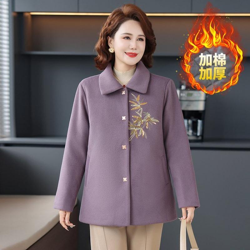 

Autumn and winter mother s new embroidered short medium and old top temperament woolen women s clothing padded thickened coat women 1XL [recommended 80-50kg]