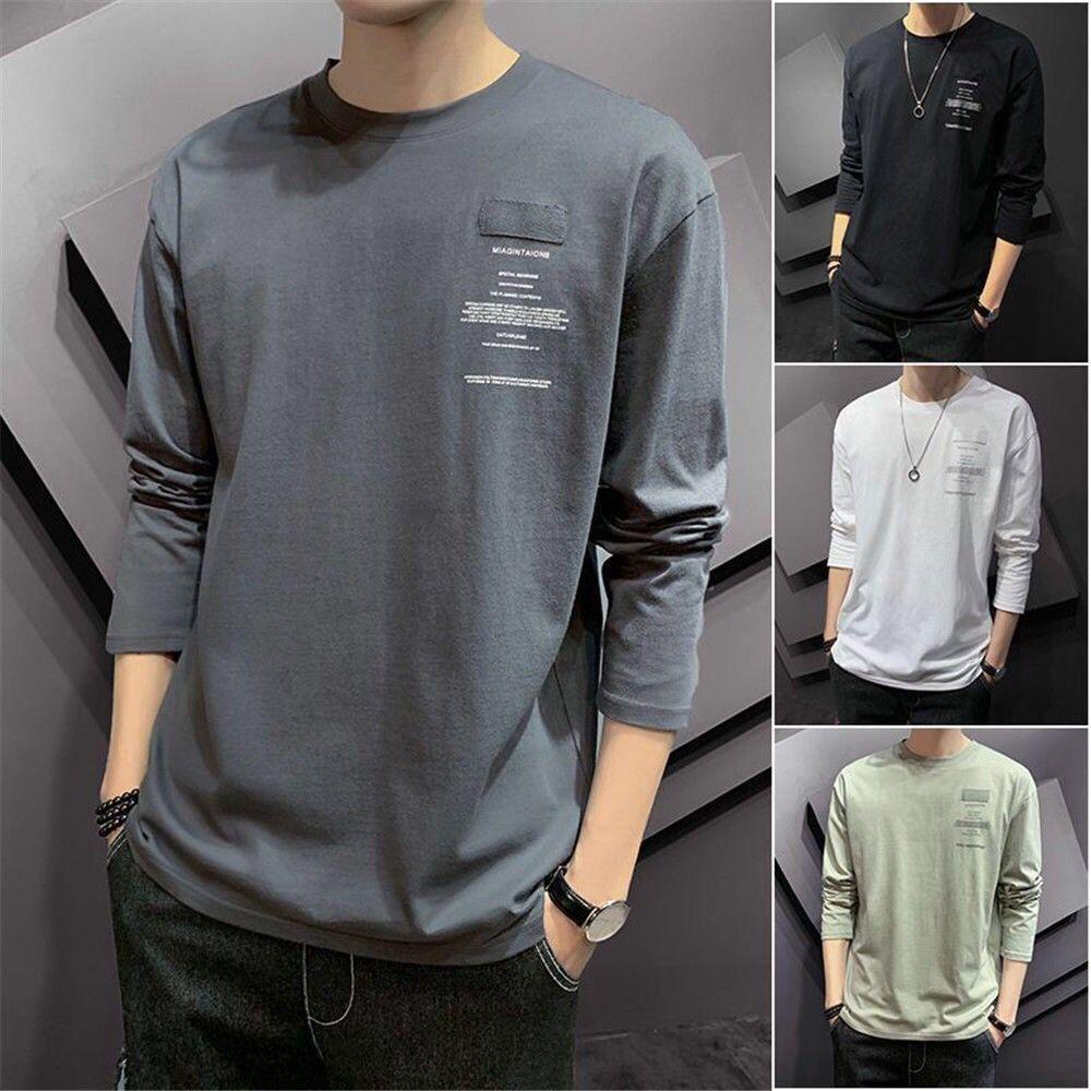 Men T Shirt Solid Color O-neck Long Sleeve Streetwear Casual Men Clothing Korean Style Fashion Tee Tops M-4XL