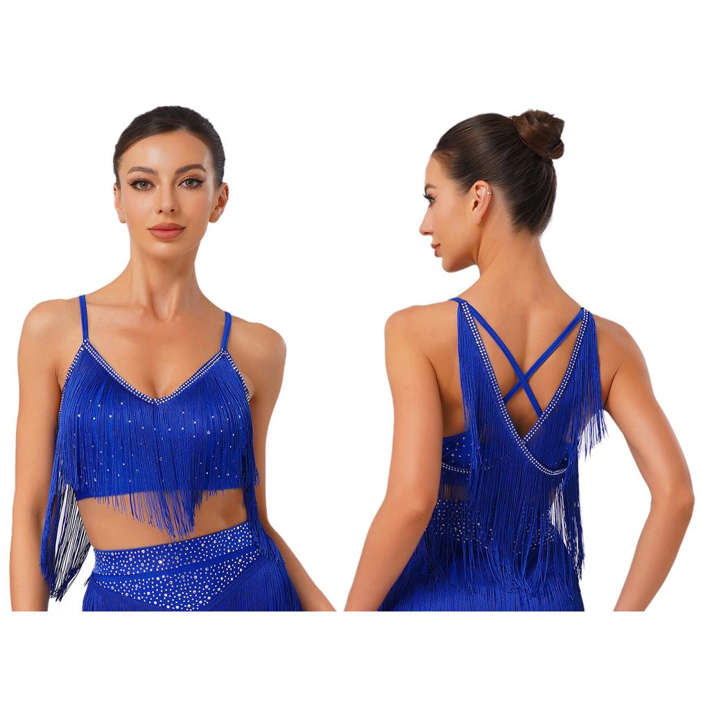 S-XXL Salsa Dance Top V Neck Sleeveless Open Back Fringe Detail for Latin Performance Competition Costume