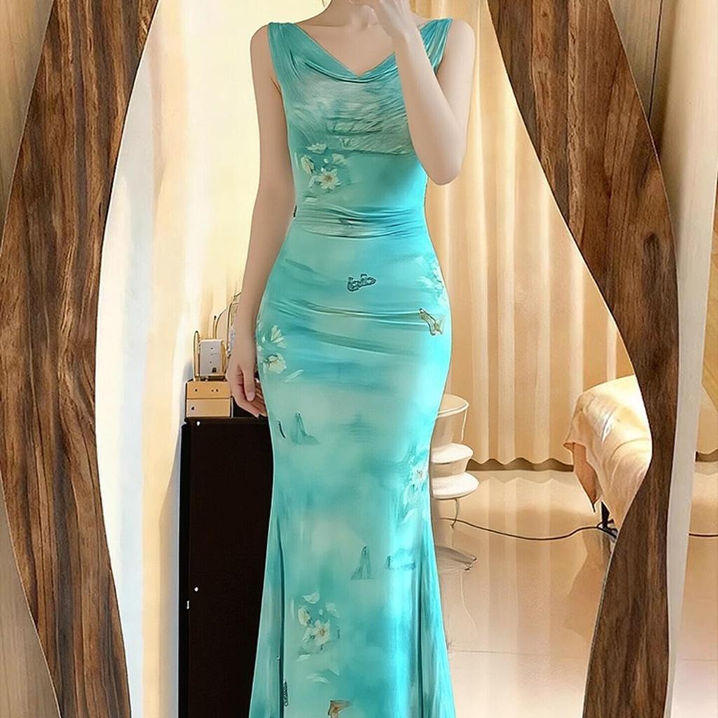 Mint Green Fishtail Maxi Dress with Butterfly Print and Pleated Waist