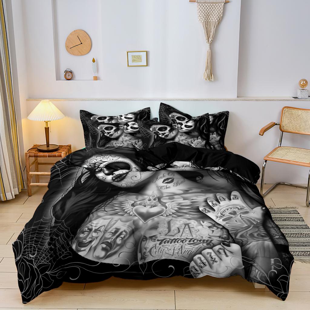 3Pcs Gothic Chicano Tattoo Pattern Bedding Set, Black White Skull Pattern Duvet Cover, For Family Bedrooms Dormitories Hotels