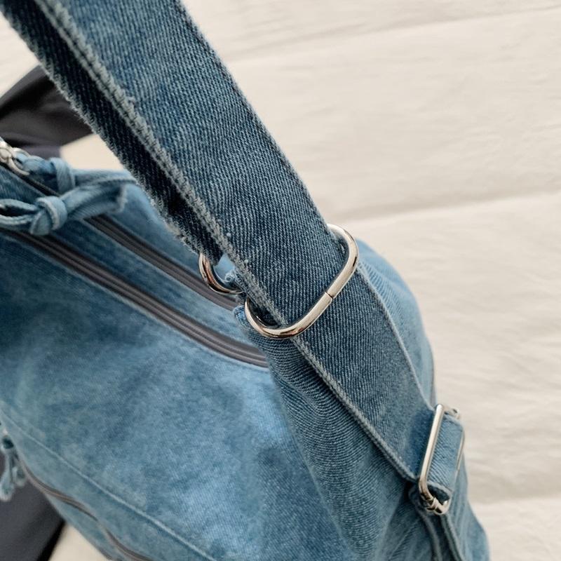 Vintage Denim Tote Bag Multi-Pocket Commuter Shoulder Crossbody Bag