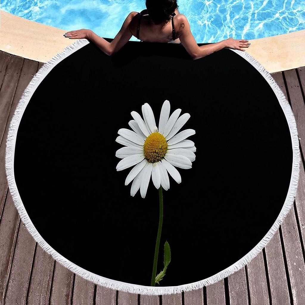 Floral Daisy Round Beach Towel,Microfiber Beach Blanket Sand Free Quick Dry Swim Pool Bath Circle Towel with Tassel for Teen Men