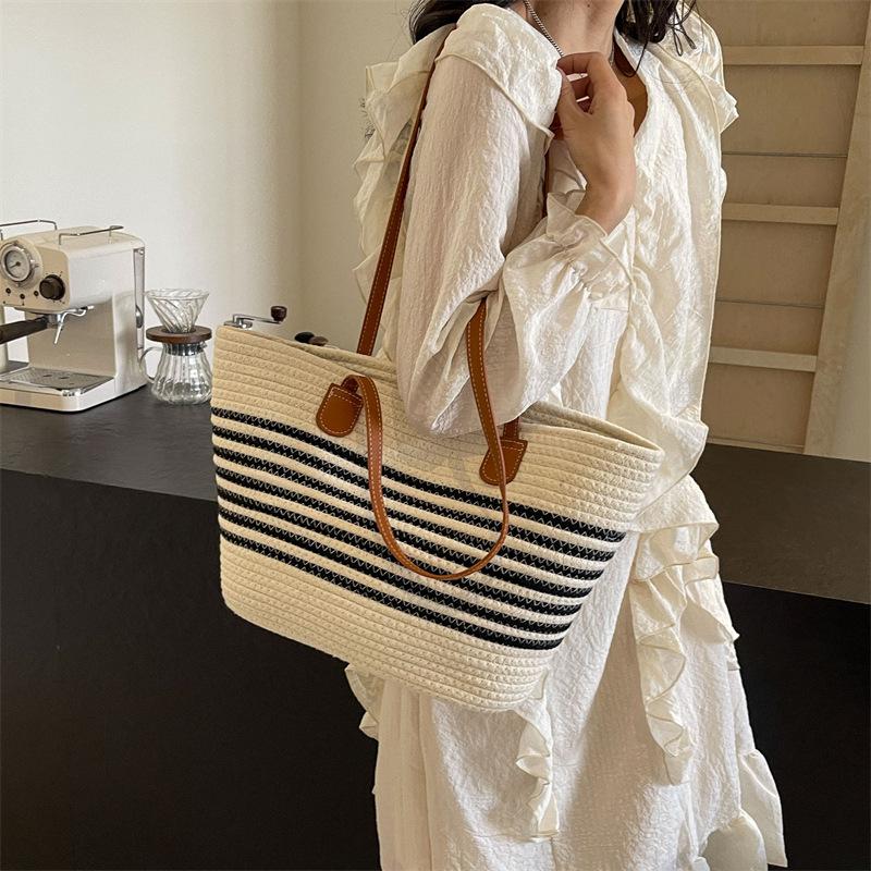Fashion Cotton Rope Woven Handbag Large Capacity Striped Versatile Vacation Beach Bag Women Straw Casual Shoulder Bag