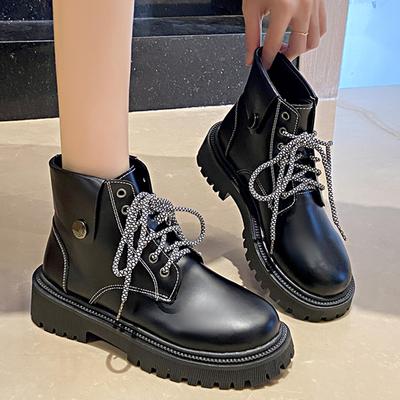 Moda Negro Blanco Cuero PU Botines al Tobillo Mujer Otoño Invierno Suela Gruesa Zapatos con Cordones Mujer Moda Antideslizante Plataforma Botines de Combate