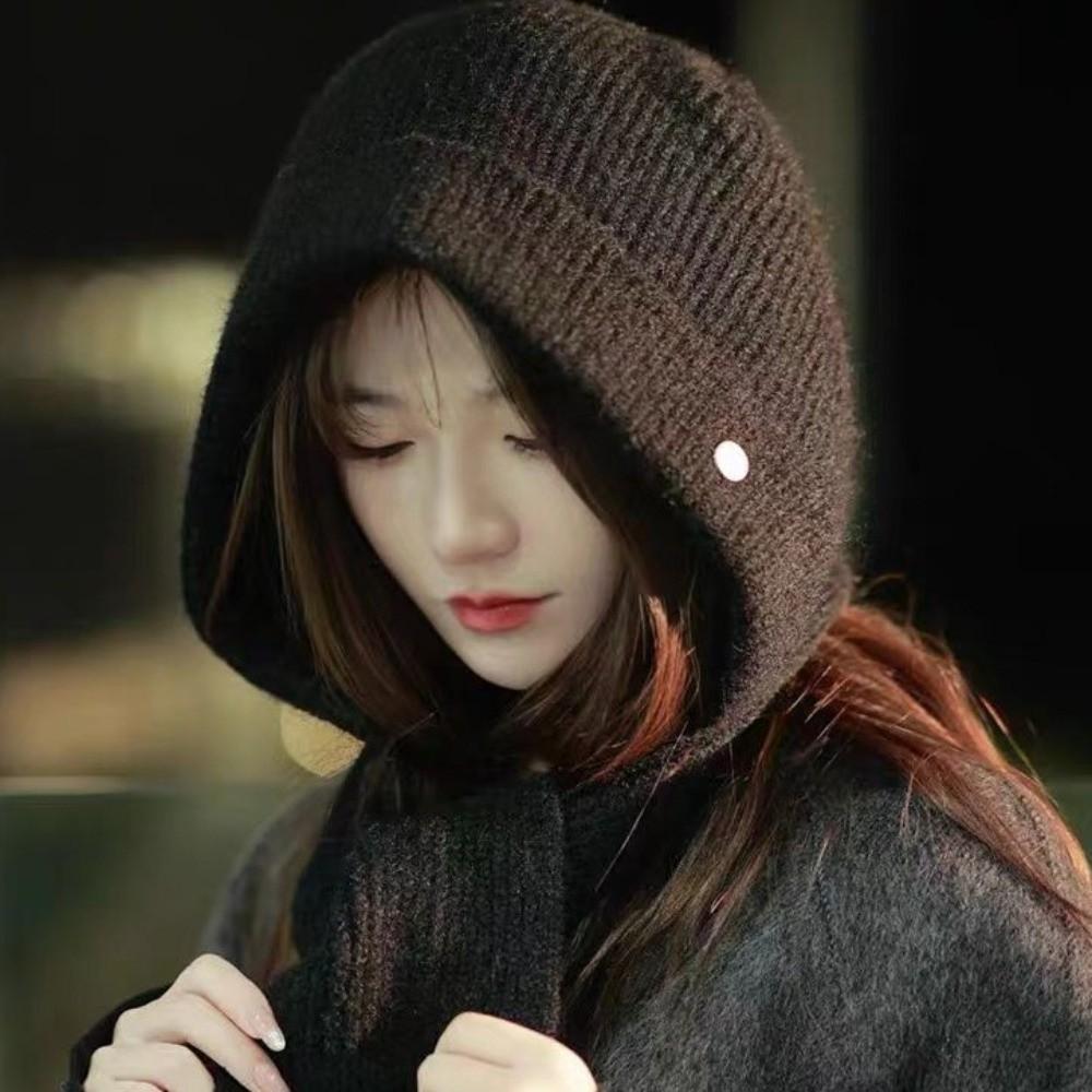 Solid Color Hooded Hat Warm One-Piece Scarf Cap Fashion Knitted Winter Balaclava  Outdoor