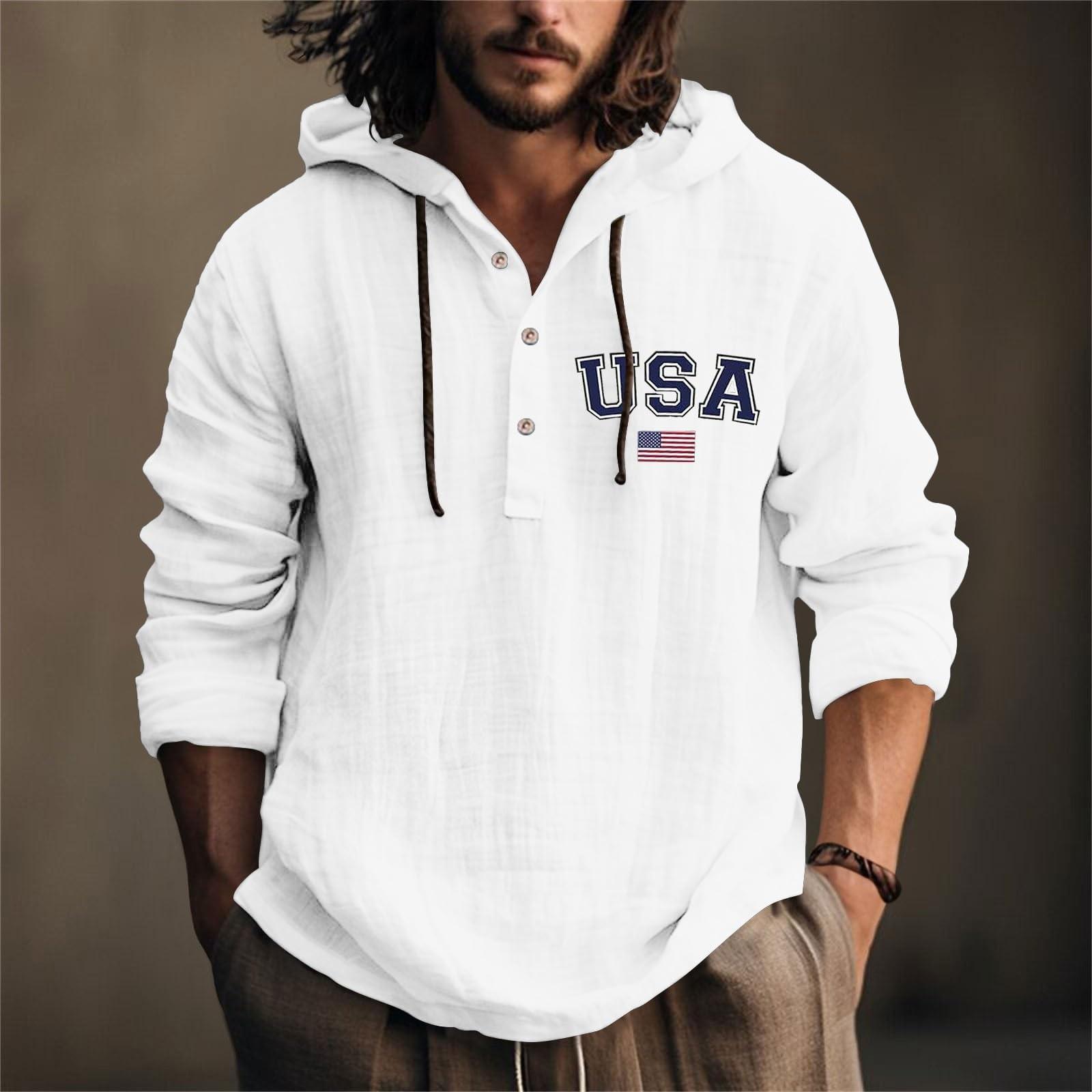 

День Незалежності Друкована Чоловіча Бавовняна та Лляна Сорочка З Капюшоном З Довгим Рукавом З Капюшоном Весна І Літо Повсякденний Одяг M