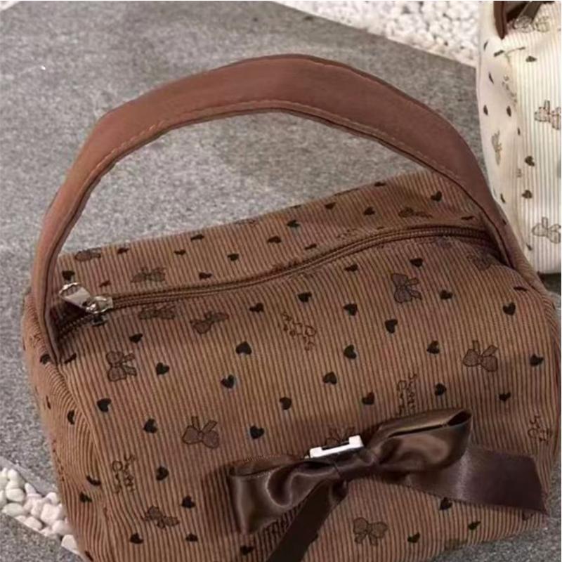 Fashi Floral Print Makeup Bag New Bow-decorated Toilet Bag Portable Thickened Handbag Color-blocking Design Women's Travel Bag