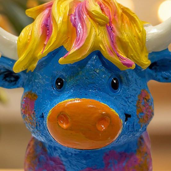 Yousheng Highland Cow Figurine Resin Multicolor Cow Miniature Ornament Hand-painted Highland Cattle Statue for Farmhouse Home Office Desktop Decor