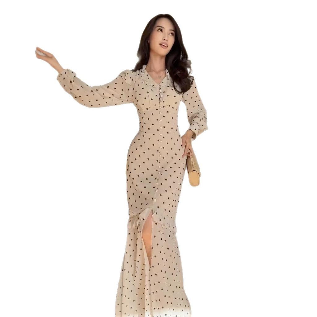 Women's new elegant and gentle wind polka dot button lace V-neck long-sleeved waist split harpoon tail dress