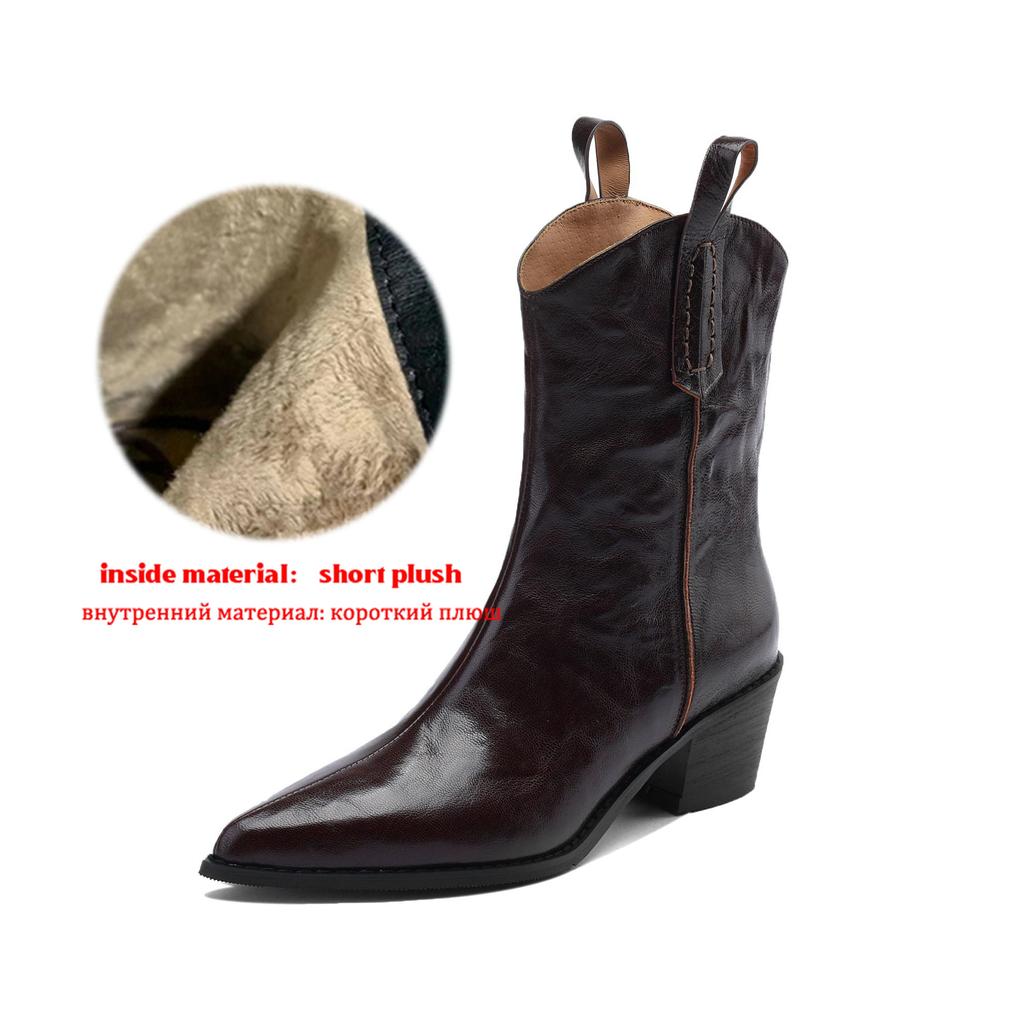 Krazing Pot Sheep Skin Autumn Winter Shoes Thick High Heels Size 43 Western Boots Slip on Ankle Boots