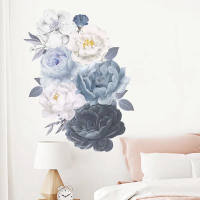 1 pz Adesivi da parete con pianta di peonia - Decalcomanie in vinile rimovibili per la decorazione della camera da letto e del soggiorno - Fiori neri e blu