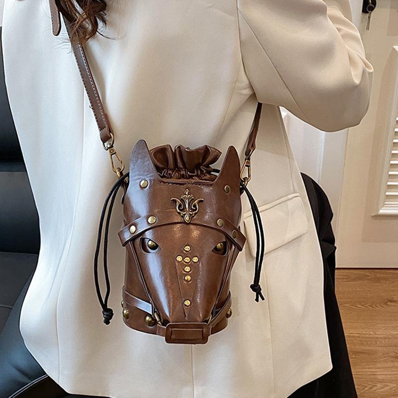 Funny Shoulder Bag Vintage Style Creative Horse Head Mask Bucket Bag Unique Niche Single Shoulder Crossbody Bag for Women