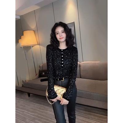French Sequin Round Neck Black Shirt for Women Early Spring New Long-sleeved Slim Pullover