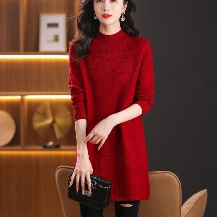 Half Turtleneck Knitted Sweater Solid Color Casual Sweater Dress for Women Mid-length Pullover for Women Sweater Autumn and Winter Inner Knitwear