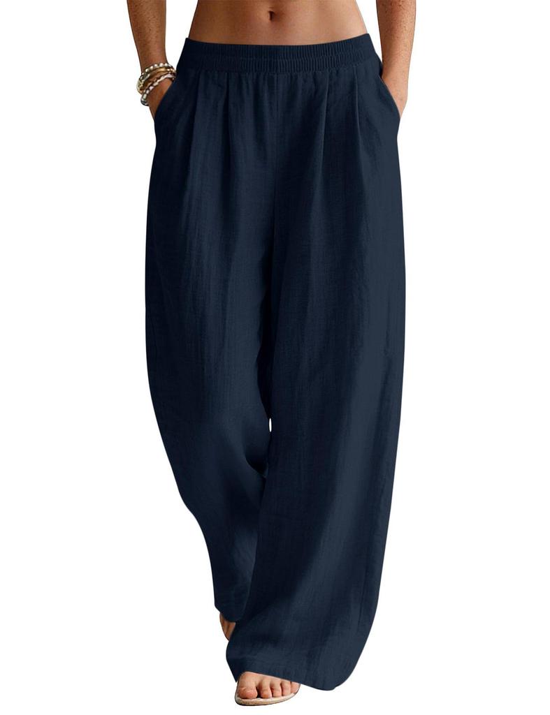Women's Flowy Linen Wide-Leg Pants - Summer Beach Travel Wear with Elastic Waist & Pockets