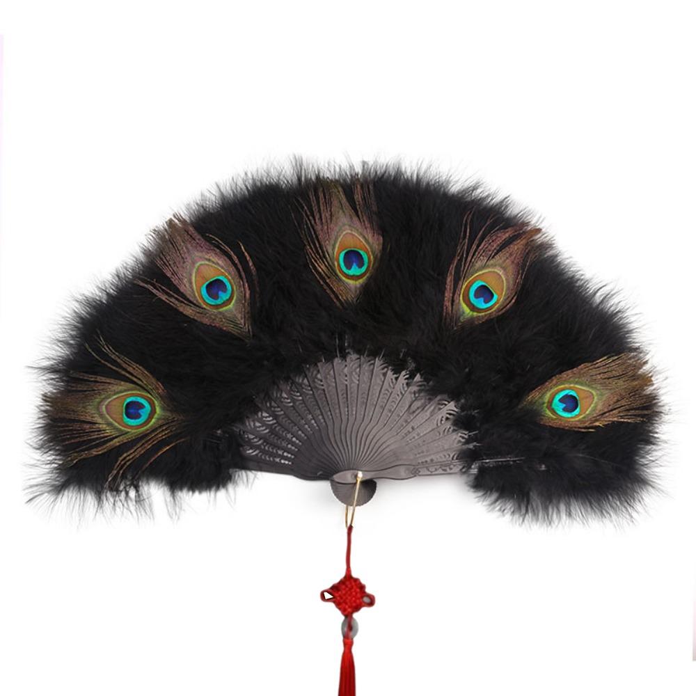 Handheld Peacock Feather Fan With Tassel Feather Dance Fan Folding Hand Fan  Home Decoration