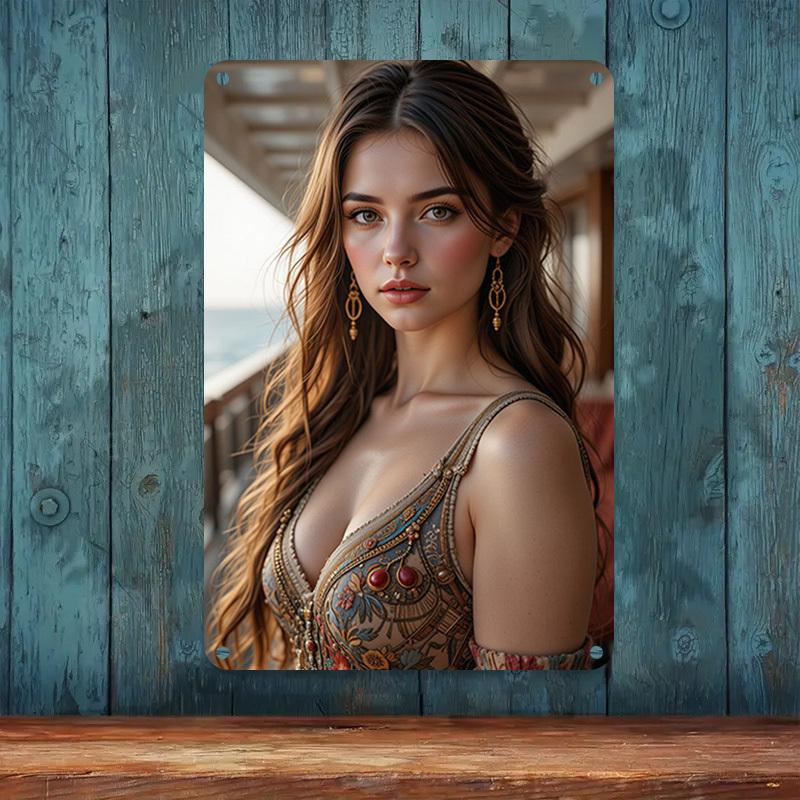 Hisun Tin Sign HD Metal Wall Art Elegant Brunette Woman In Intricate Bohemian Embroidered Dress with Gold Earrings Long Flowing Hair Standing O