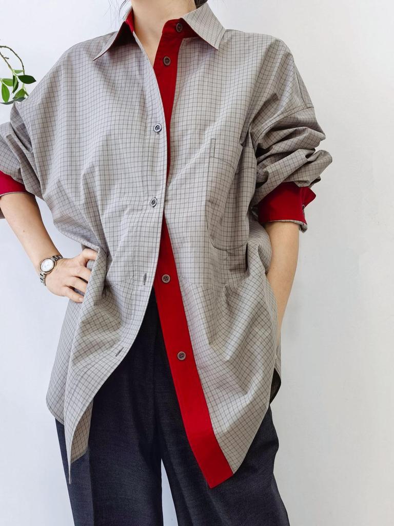 Damen Frühjahr Karoshemd - Kontrastfarben, POLO-Kragen, Mittellang, Übergroße Baumwollsilhouette