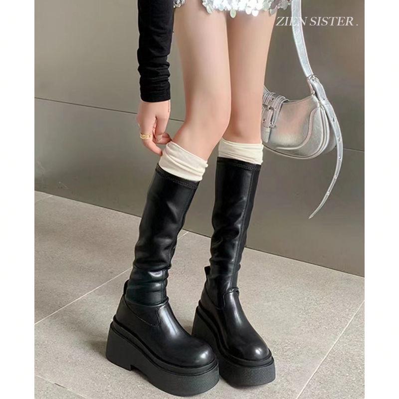 Petite Dames 2024 Vinter Lårhøye Ridestøvler med Elastisk Tykk Såle - Allsidig Slankende Stil