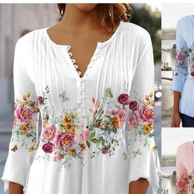 2023 Spring V-neck Printed Button Short Sleeve Top
