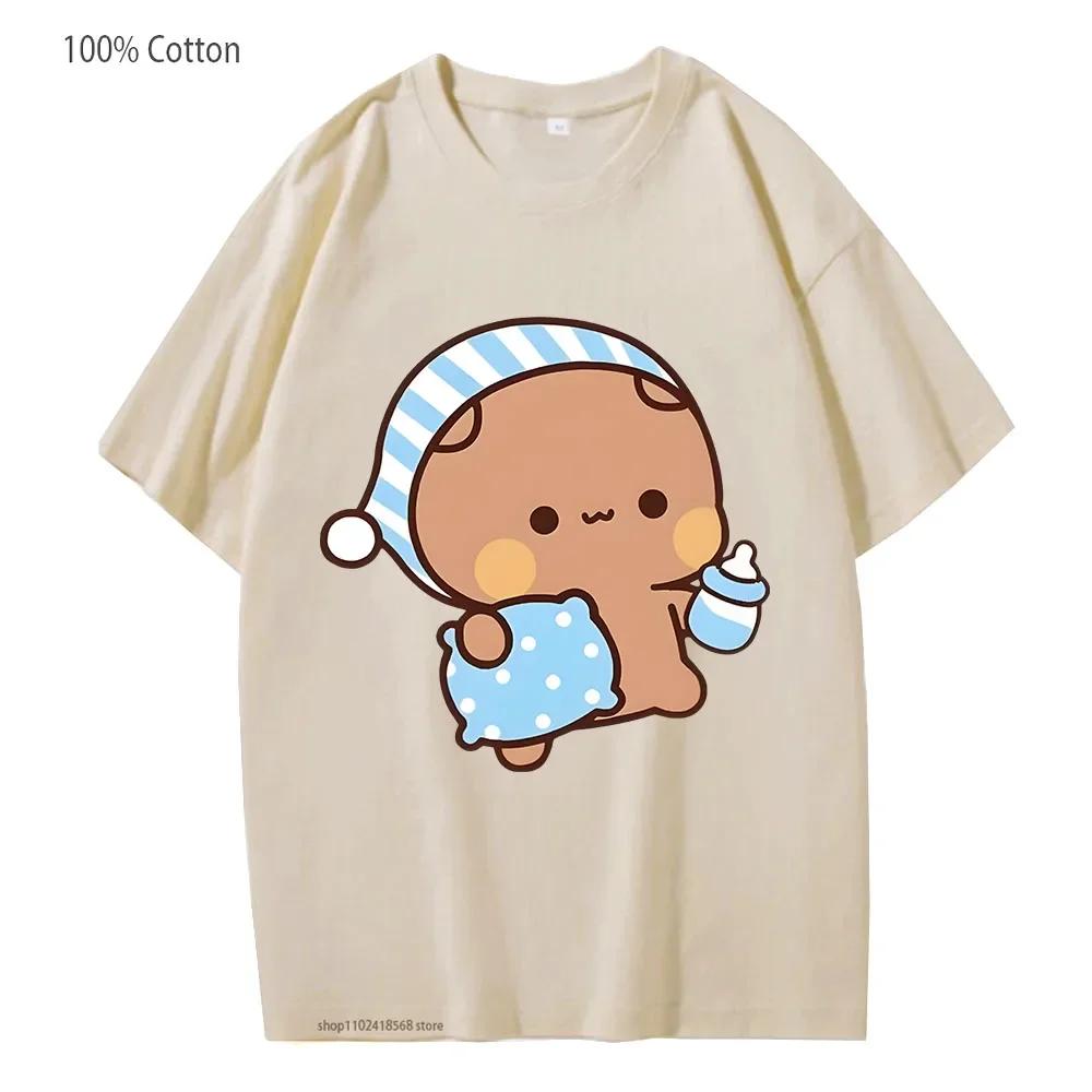 Couple Shirts Kawaii Cute BuBu Panda Going To Sleep with DuDu Bear Graphic Tshirt Cotton Men Women Clothes Long Sleeve Tees