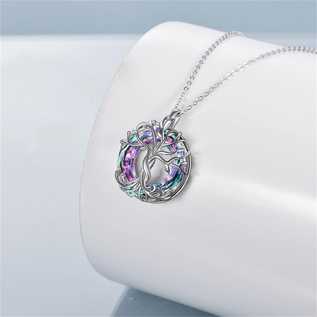 Exquisito Collar Árbol Genealógico Celta con Cristal Circular - Joyería Árbol de la Vida Regalo para Mujeres Niñas Mamá Cumpleaños