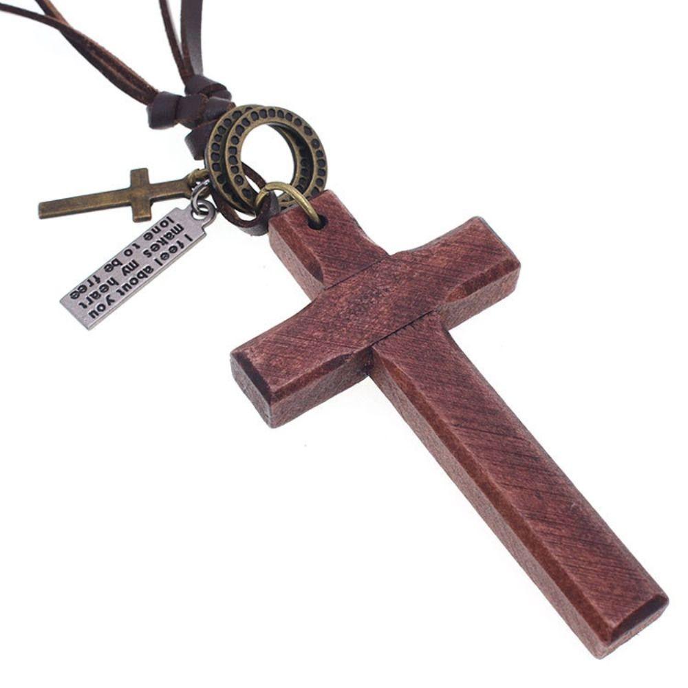 Metal Tags Wood Cross Necklace Religious Crucifix Pendant Chain Handmade Cross Necklace Christian