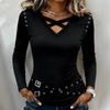 Spring and Autumn New Women's V-neck Metal Strap Design Top Black Slim Long Sleeve Slim T-Shirt