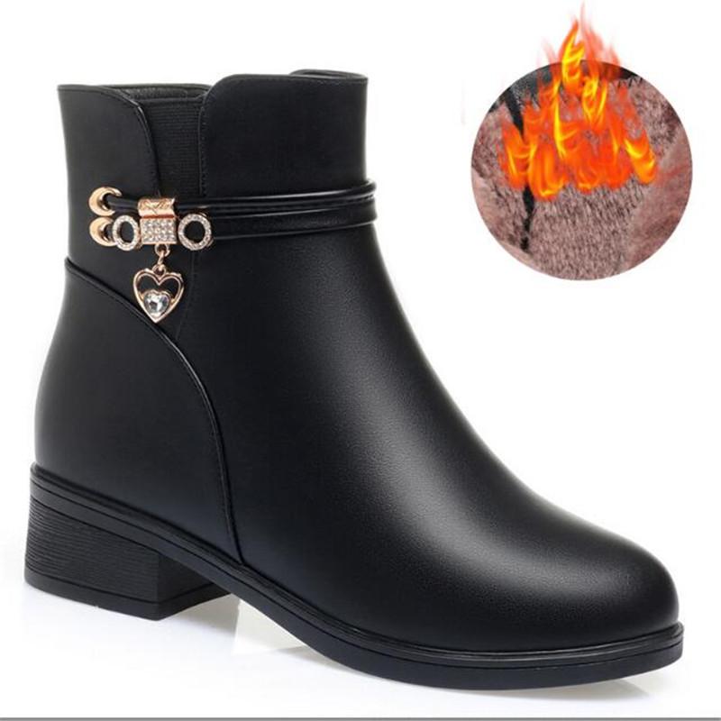 Winter Boots Genuine Leather Wedge Heels Women Snow Boots Famale Non-slip Warm Fur Ankle Boots Women's Casual Flat Shoes