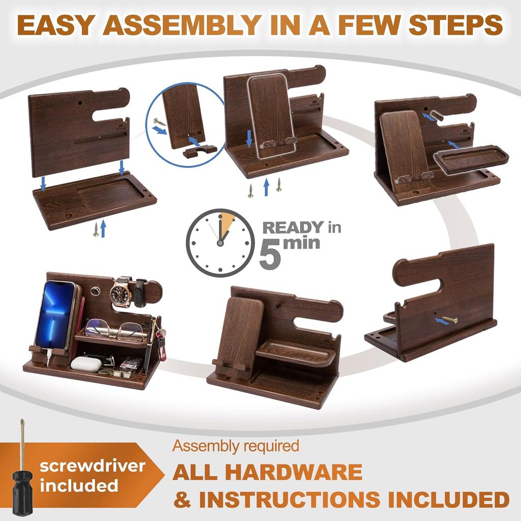 Gifts for Men Wood Phone Docking Station Desk Organizer Fathers Gifts Gifts for Him Xmas Gift Anniversary Birthday Presents Nightstand Key