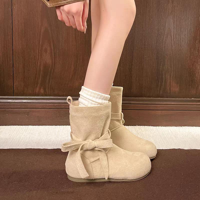 Women Suede Short Boots  Autumn Winter New Vintage Lace Up Bow Knot Fashion Boots Comfortable Outdoor Non Slip Casual Flats